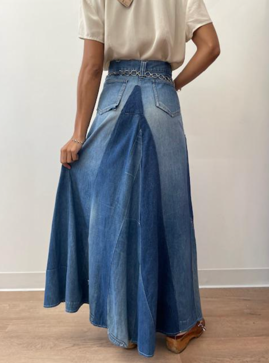 1970s Vintage Denim Handmade Patchwork Maxi Skirt