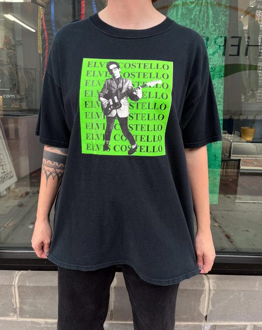 1990s Vintage Elvis Costello Black and Lime Green Logo Shirt