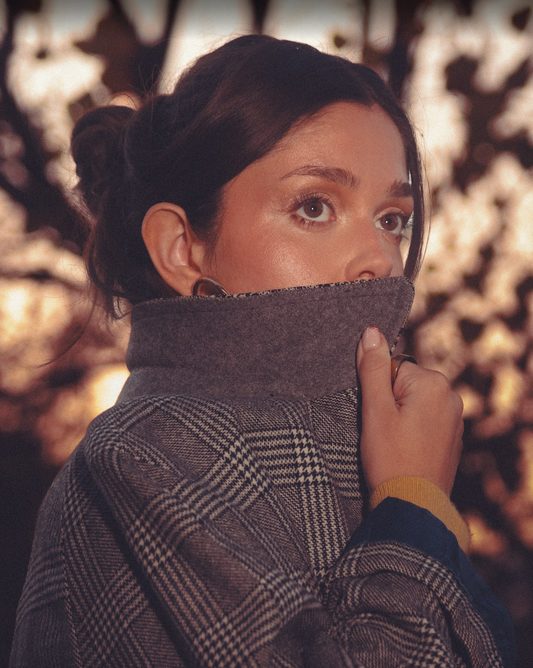 1950s Vintage Plaid Wool Houndstooth Dress Coat with Blue Satin Lining