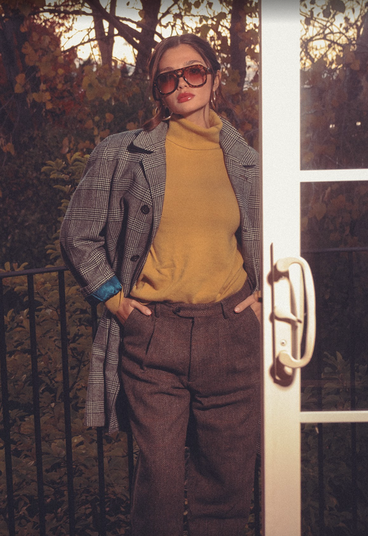 1950s Vintage Plaid Wool Houndstooth Dress Coat with Blue Satin Lining