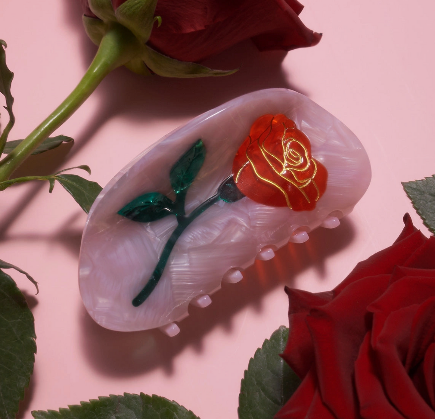 Women's Belle Pink Single Red Rose Acetate Hair Claw by Winona Irene