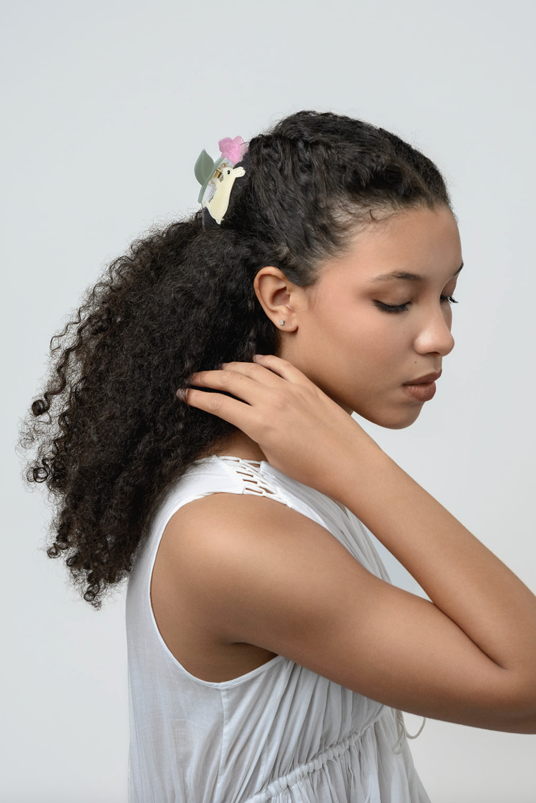 Cream Bunny Rabbit with Pink Peony Flower Acetate Hair Claw by Winona Irene