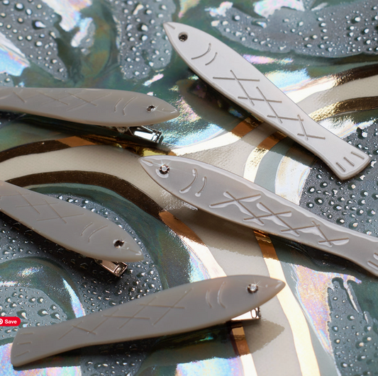 Sardine Fish Hair Clip Set of 2 in Silver Acetate with Rhinestone by Winona Irene