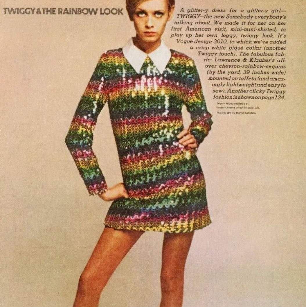 1960s Vintage Iconic Twiggy Hand Sewn Replica Mod Rainbow Sequins Dress