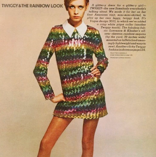 1960s Vintage Iconic Twiggy Hand Sewn Replica Mod Rainbow Sequins Dress