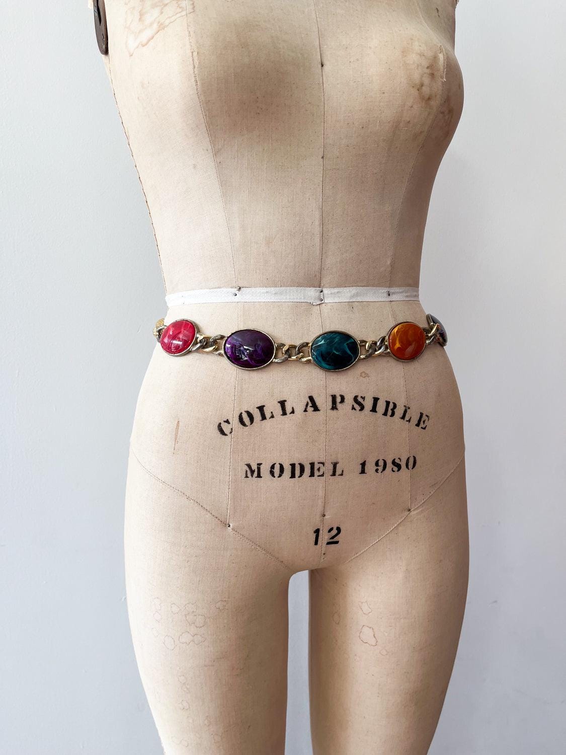 1990s Vintage Chunky Gold Tone Colorful Chain Belt
