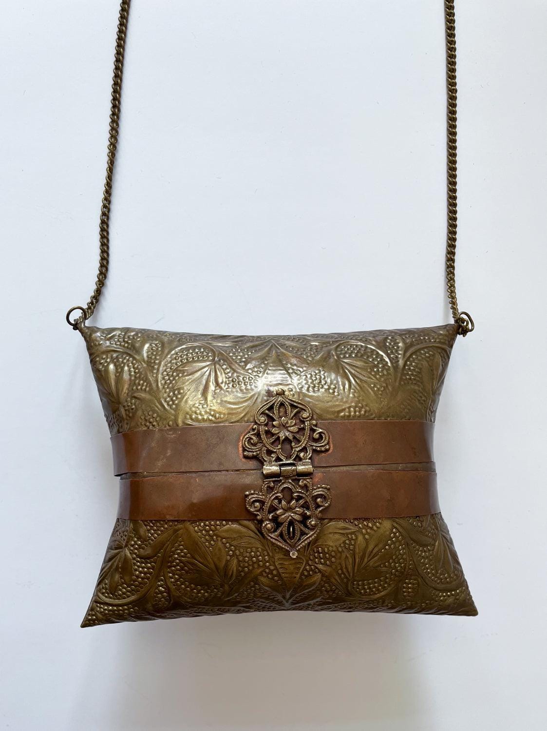 1930s - 1940s Brass Pillow Purse with Velvet Interior