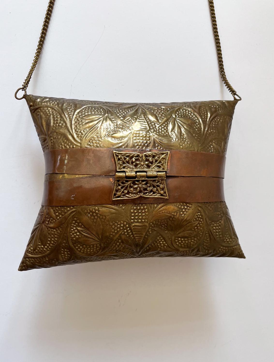 1930s - 1940s Brass Pillow Purse with Velvet Interior