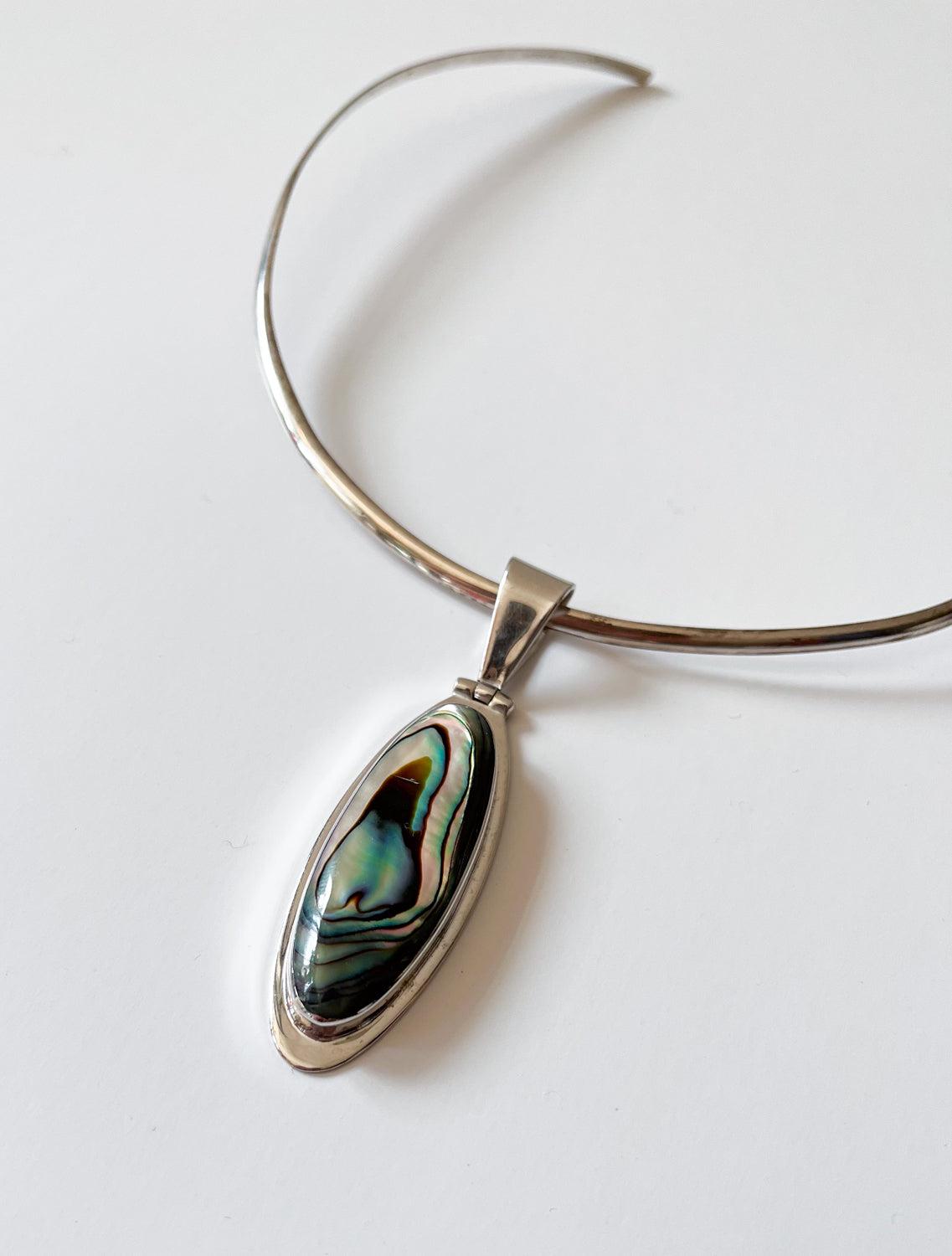 1990s Vintage Abalone Shell 925 Sterling Silver Collar Necklace