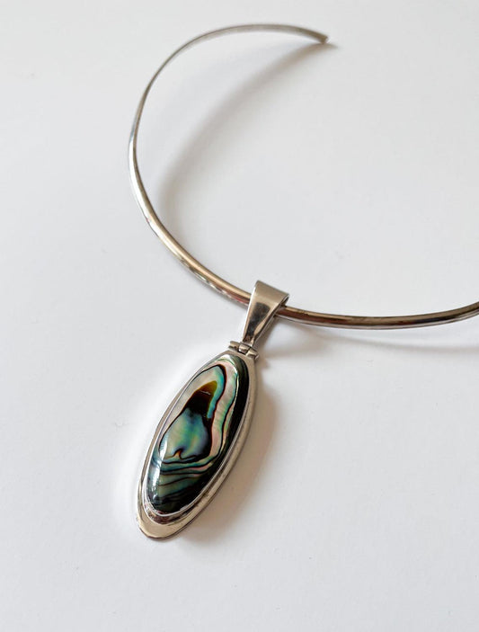 1990s Vintage Abalone Shell 925 Sterling Silver Collar Necklace