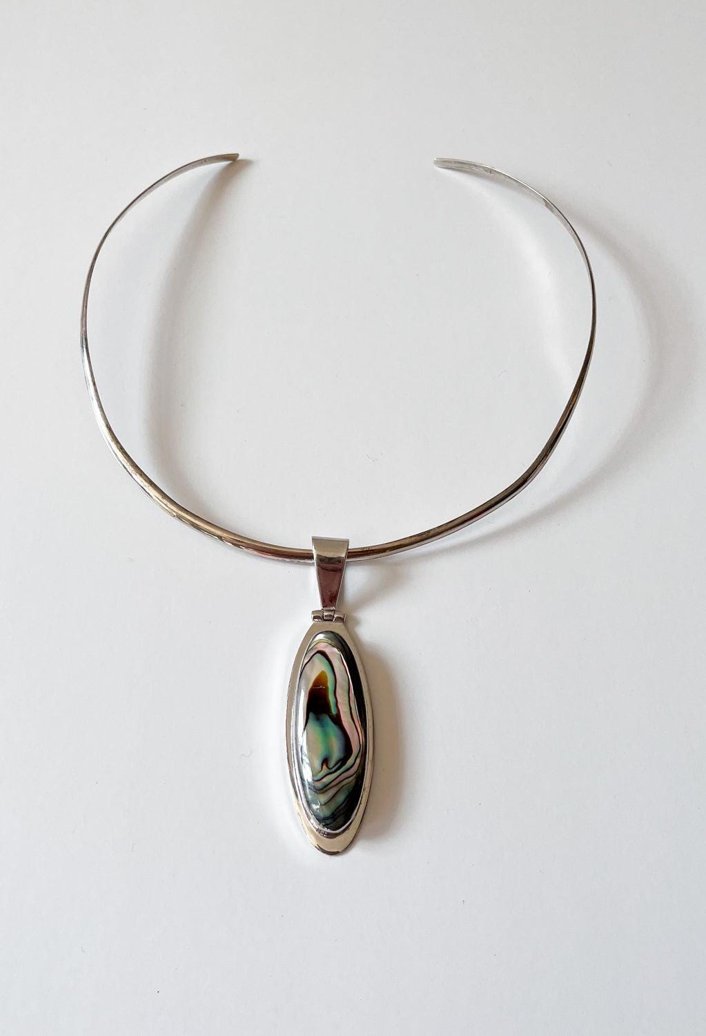 1990s Vintage Abalone Shell 925 Sterling Silver Collar Necklace