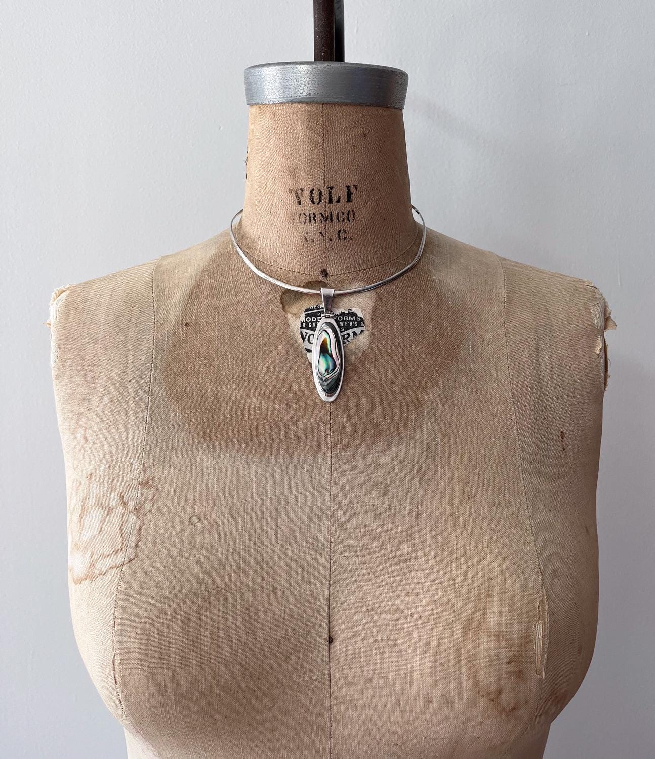 1990s Vintage Abalone Shell 925 Sterling Silver Collar Necklace