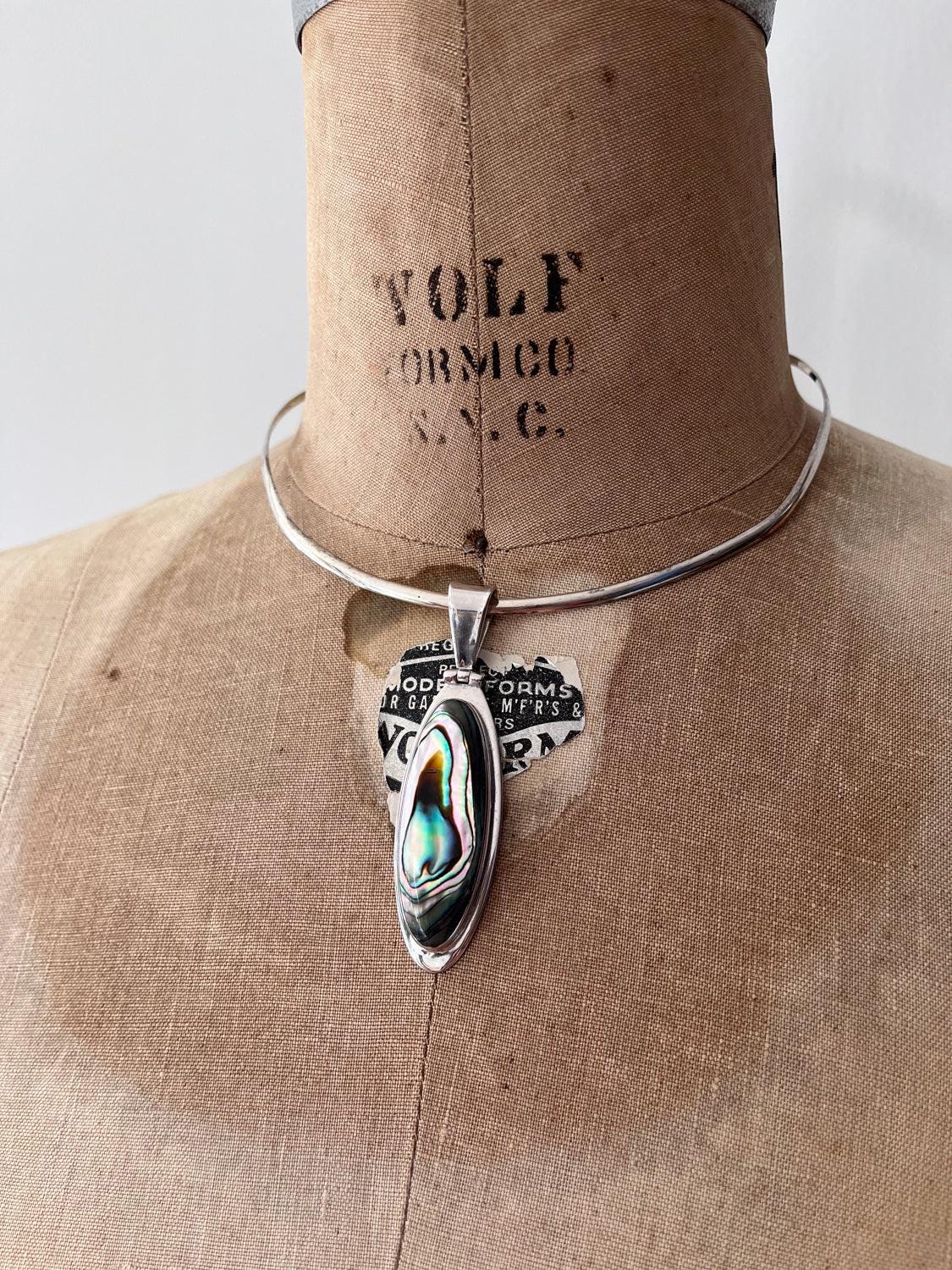 1990s Vintage Abalone Shell 925 Sterling Silver Collar Necklace