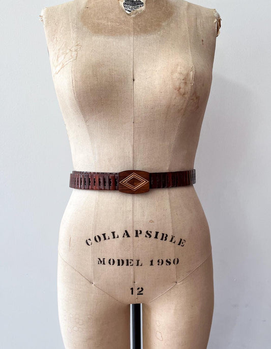 1970s Vintage MCM Adjustable Wooden Diamond Pattern Buckle Belt