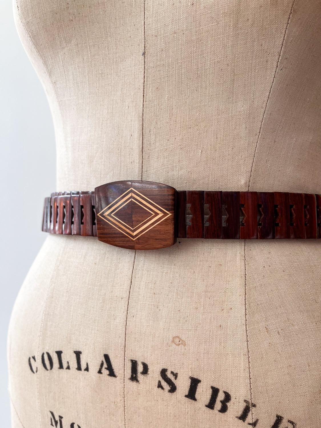 1970s Vintage MCM Adjustable Wooden Diamond Pattern Buckle Belt