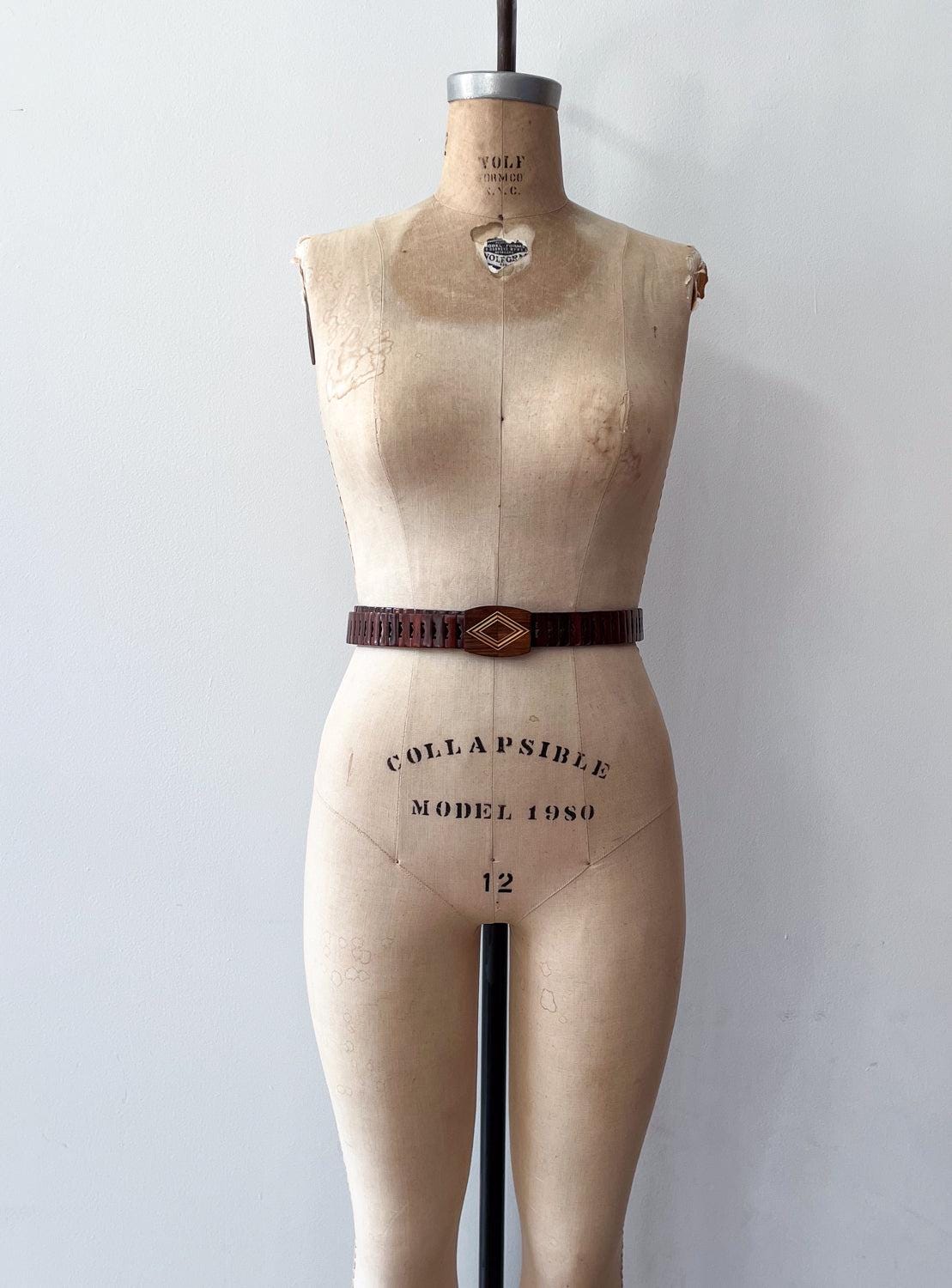 1970s Vintage MCM Adjustable Wooden Diamond Pattern Buckle Belt