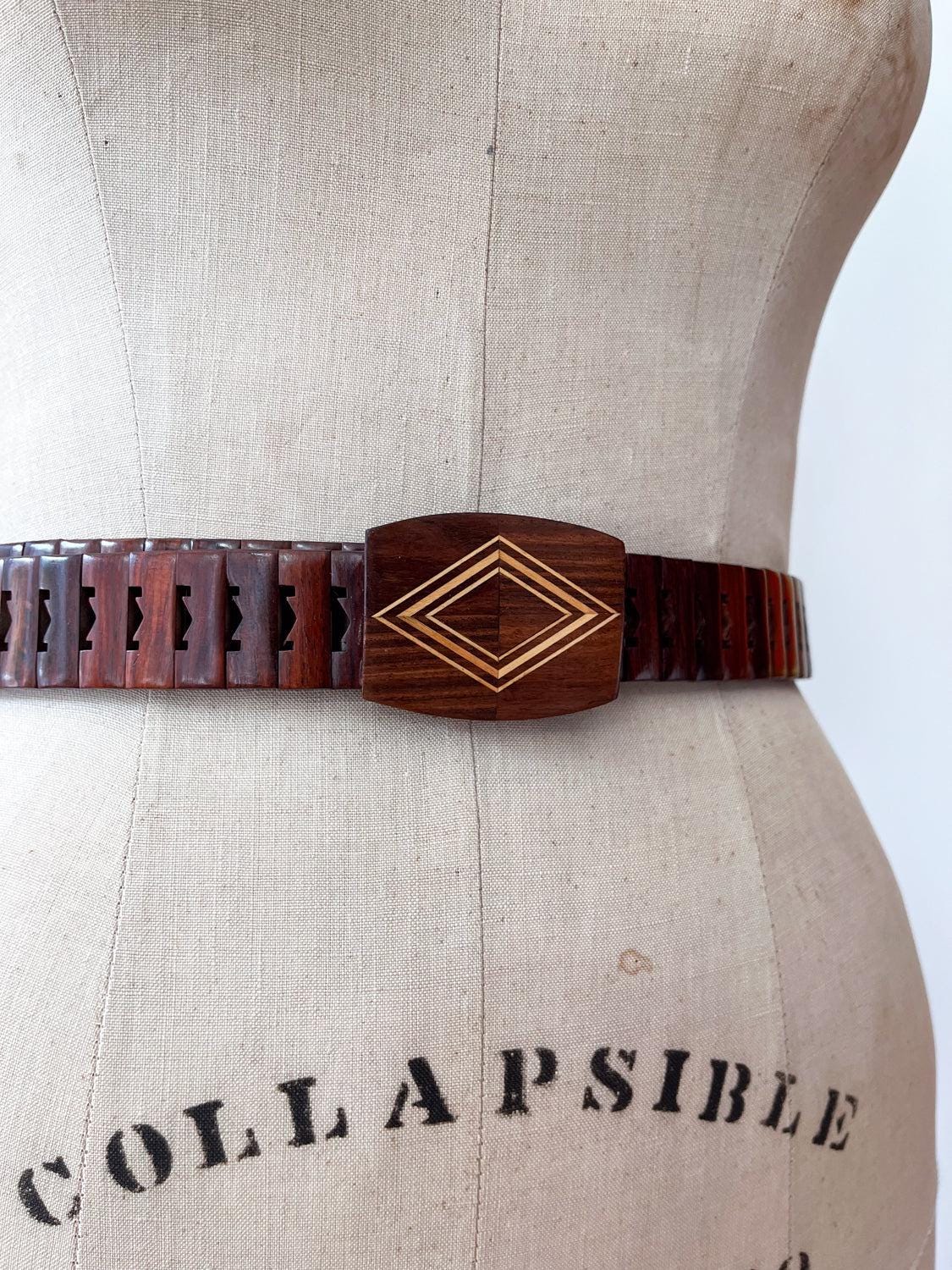 1970s Vintage MCM Adjustable Wooden Diamond Pattern Buckle Belt