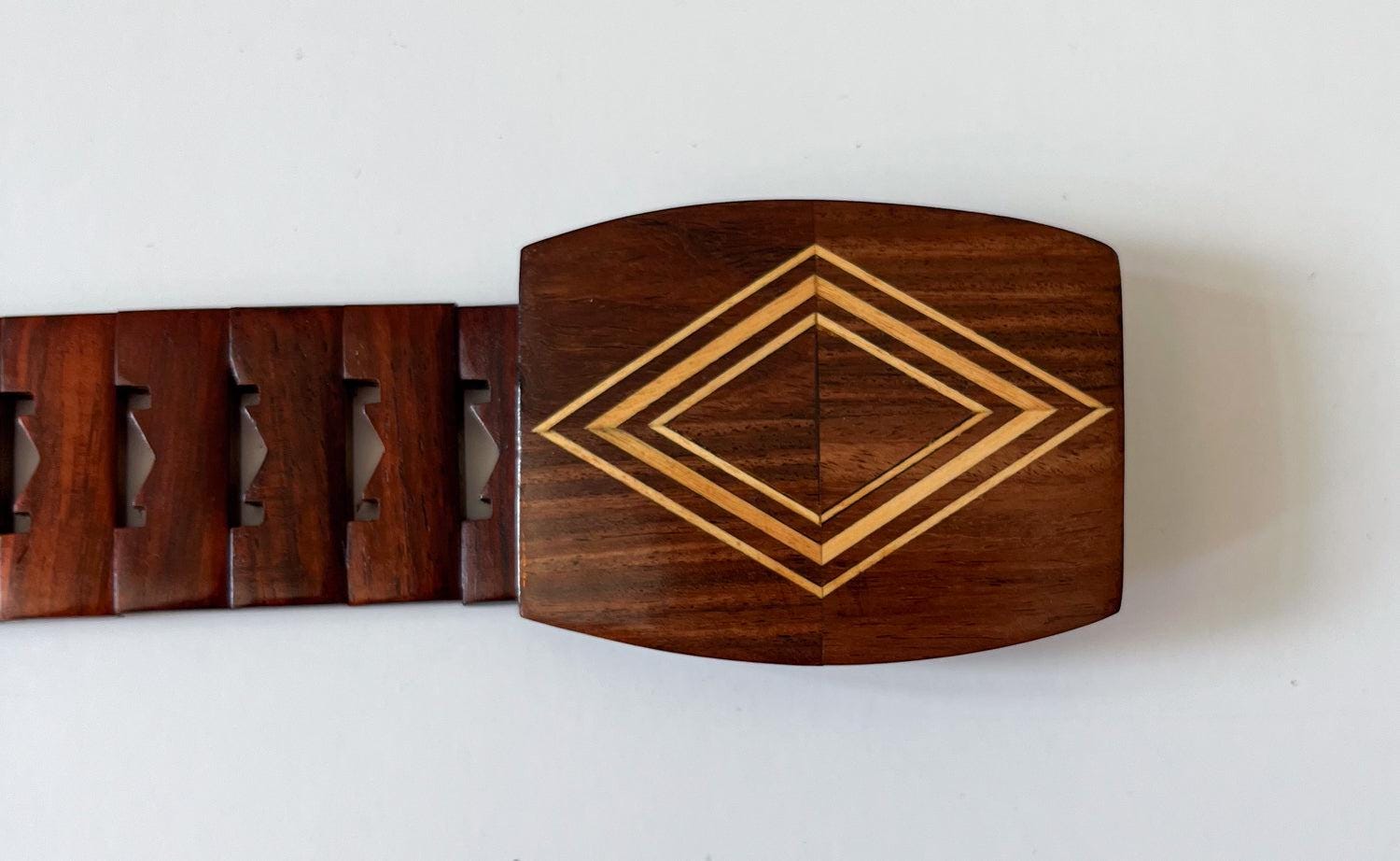 1970s Vintage MCM Adjustable Wooden Diamond Pattern Buckle Belt