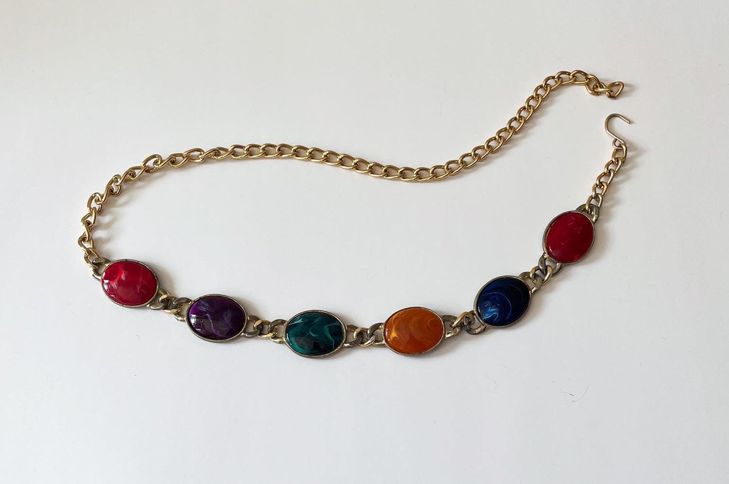 1990s Vintage Chunky Gold Tone Colorful Chain Belt