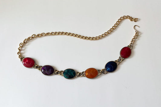 1990s Vintage Chunky Gold Tone Colorful Chain Belt