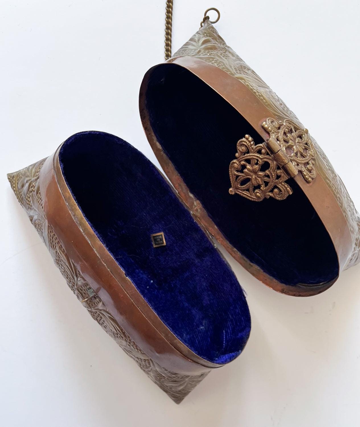 1930s - 1940s Brass Pillow Purse with Velvet Interior