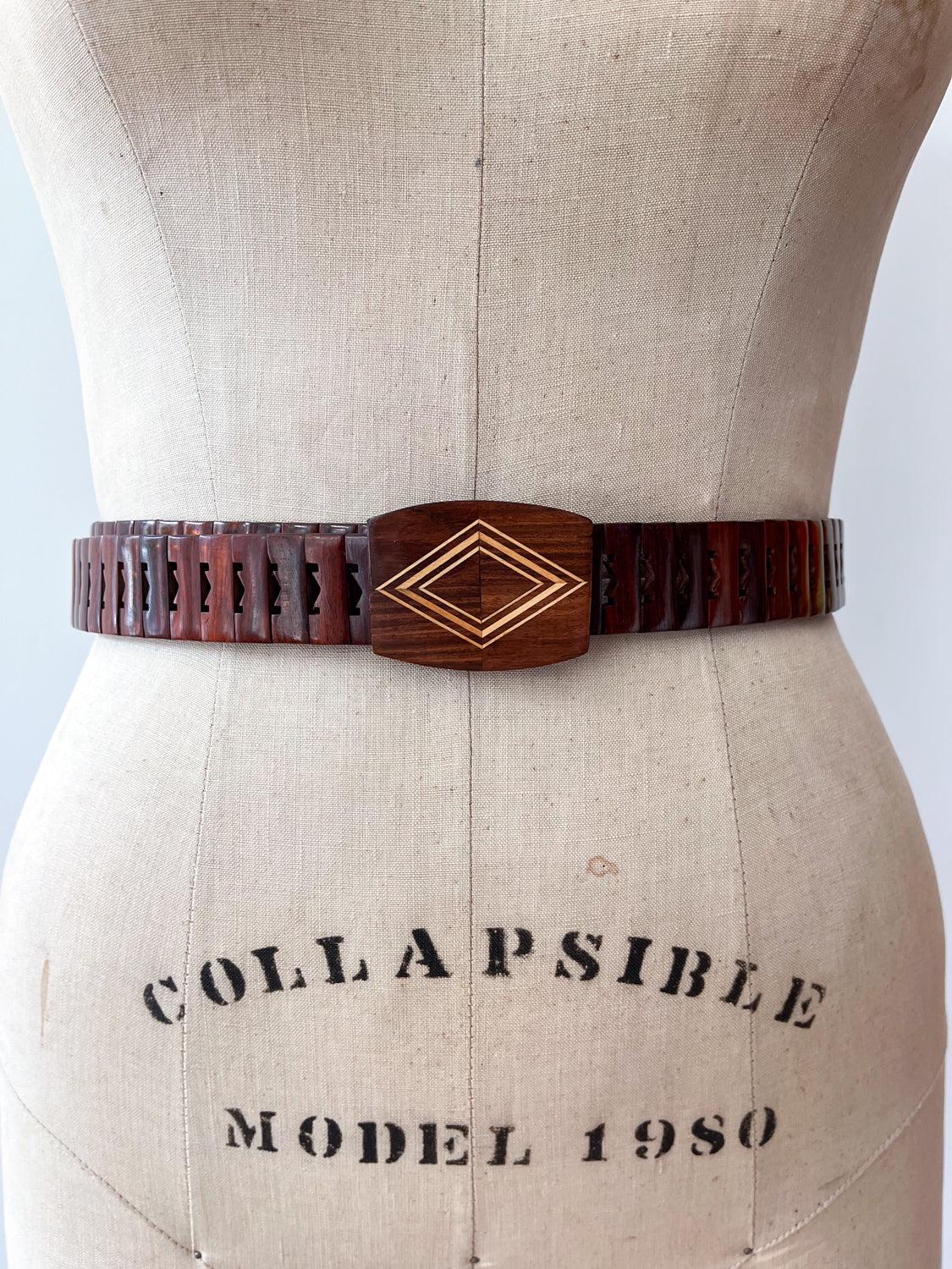 1970s Vintage MCM Adjustable Wooden Diamond Pattern Buckle Belt