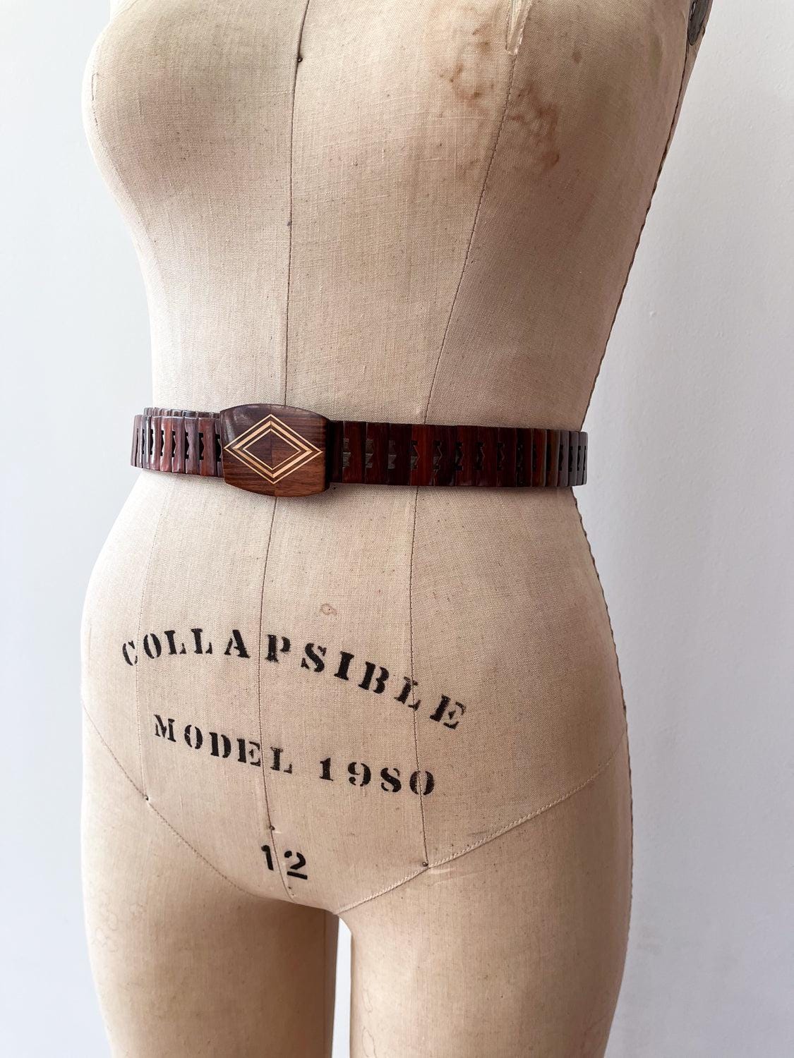 1970s Vintage MCM Adjustable Wooden Diamond Pattern Buckle Belt