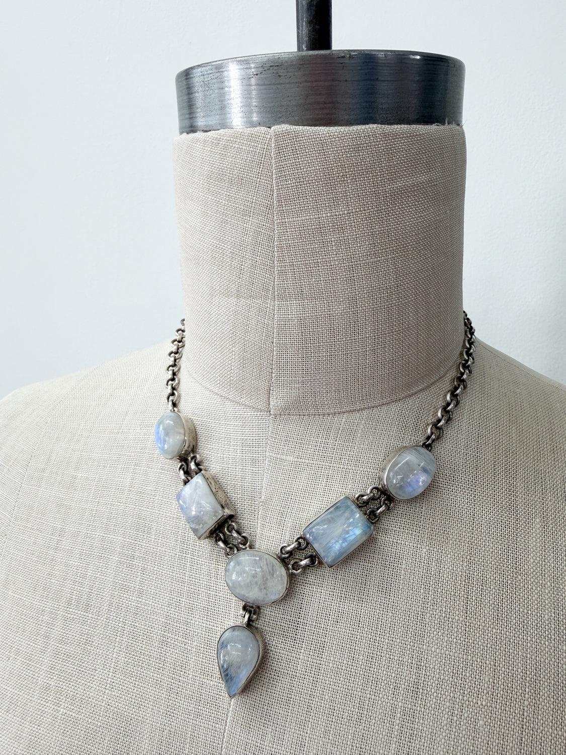 1980s Vintage Moonstone Geometric Shapes Drop Necklace