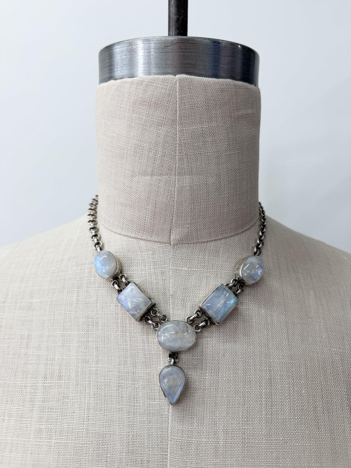 1980s Vintage Moonstone Geometric Shapes Drop Necklace