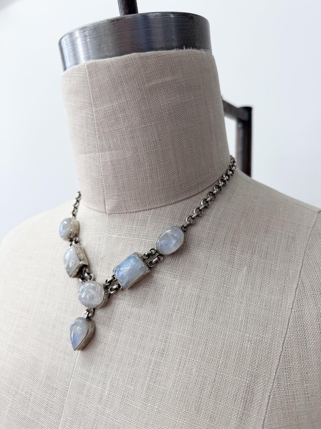 1980s Vintage Moonstone Geometric Shapes Drop Necklace