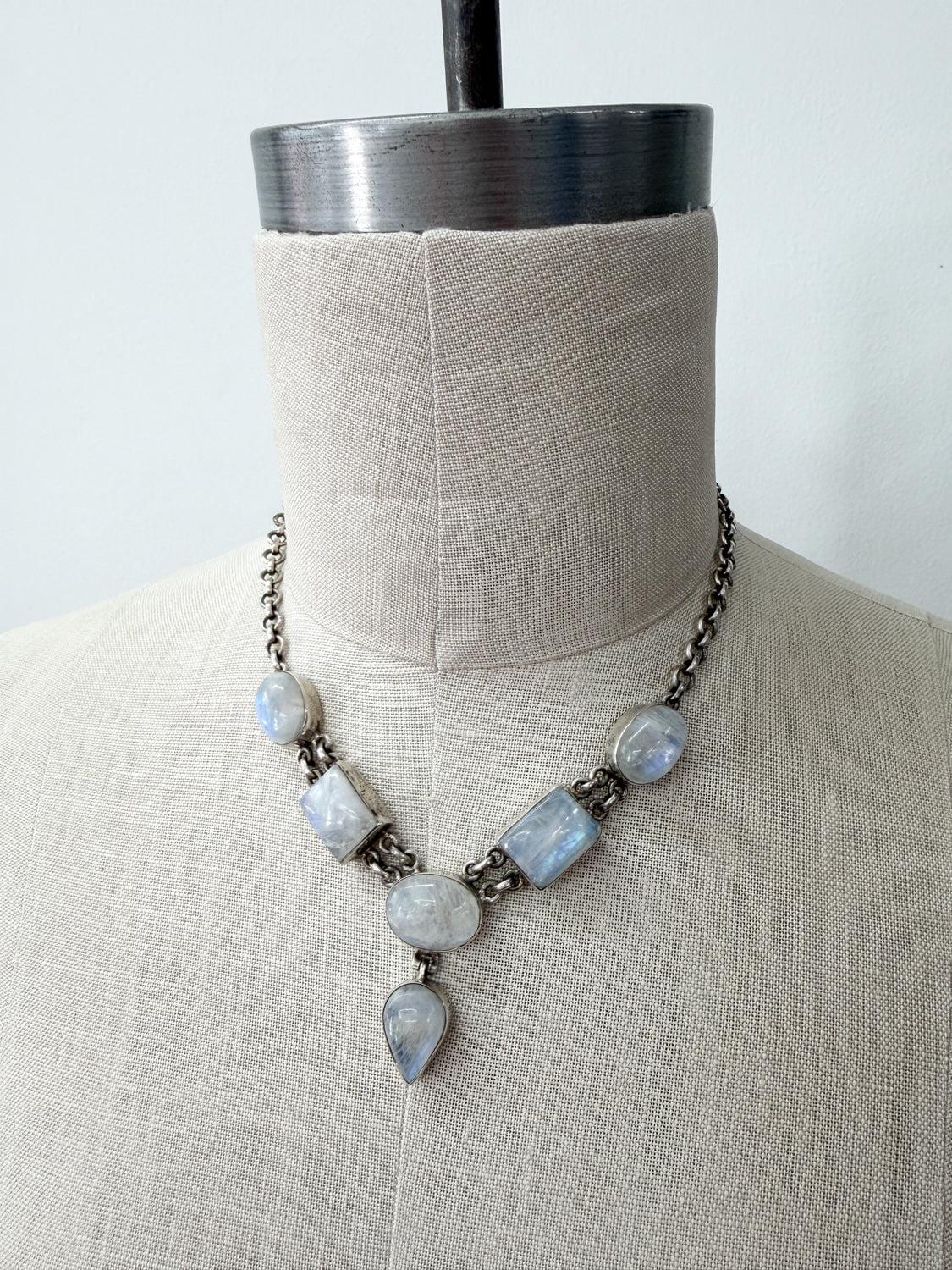 1980s Vintage Moonstone Geometric Shapes Drop Necklace