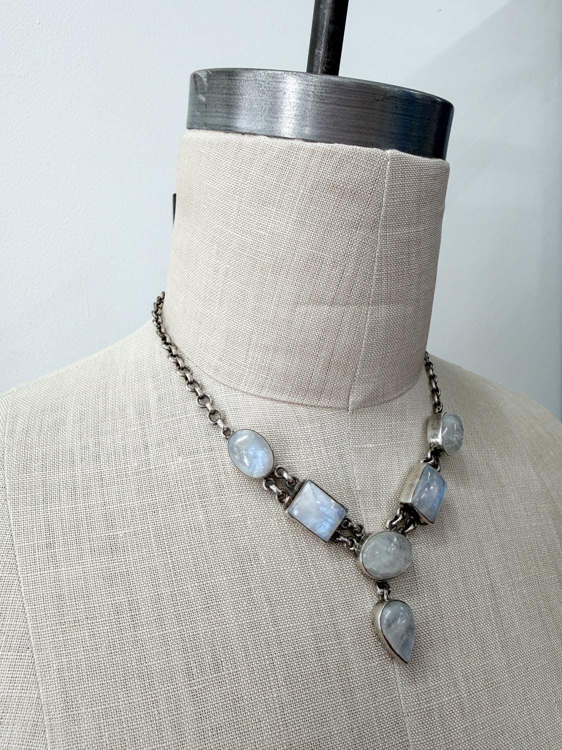 1980s Vintage Moonstone Geometric Shapes Drop Necklace
