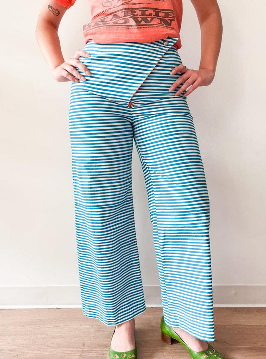 1960s Vintage Marimekko Suomi Finland Annika Rimala Tasarita Blue White Stripe Pants With Triangle Bib Closure