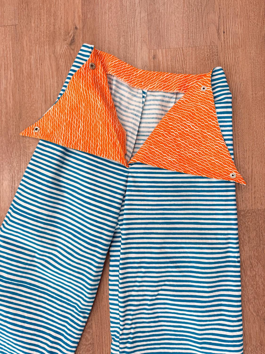 1960s Vintage Marimekko Suomi Finland Annika Rimala Tasarita Blue White Stripe Pants With Triangle Bib Closure