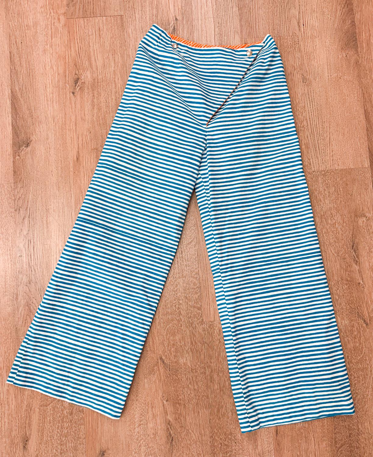1960s Vintage Marimekko Suomi Finland Annika Rimala Tasarita Blue White Stripe Pants With Triangle Bib Closure