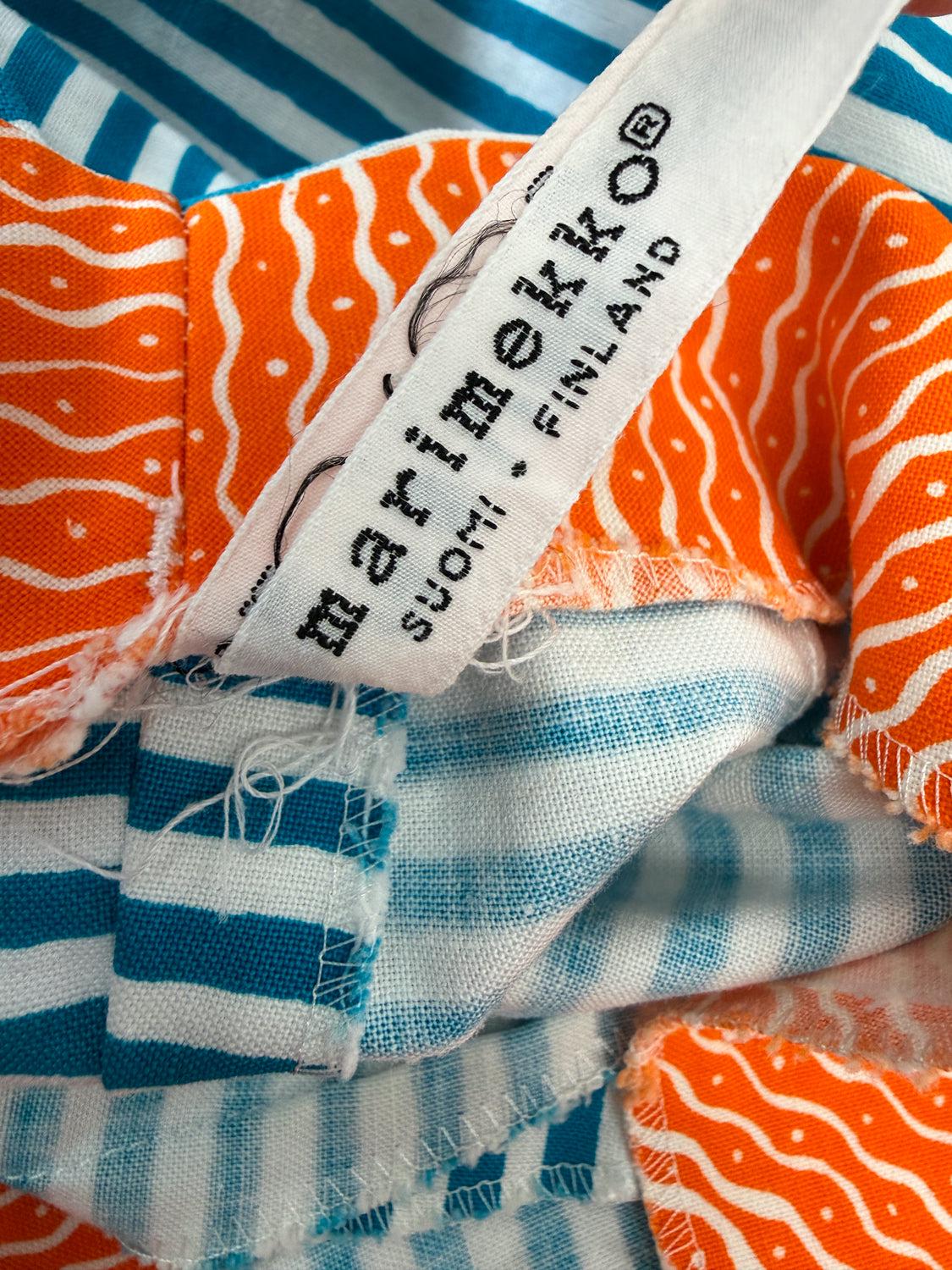 1960s Vintage Marimekko Suomi Finland Annika Rimala Tasarita Blue White Stripe Pants With Triangle Bib Closure