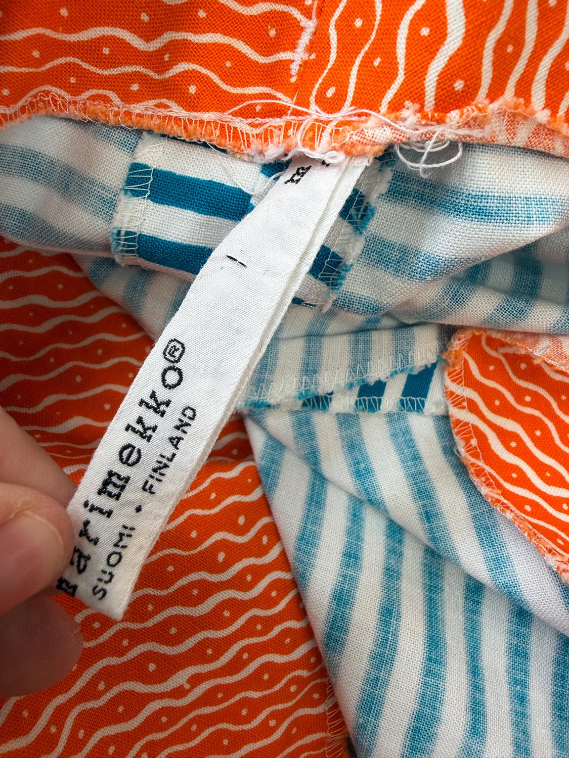 1960s Vintage Marimekko Suomi Finland Annika Rimala Tasarita Blue White Stripe Pants With Triangle Bib Closure