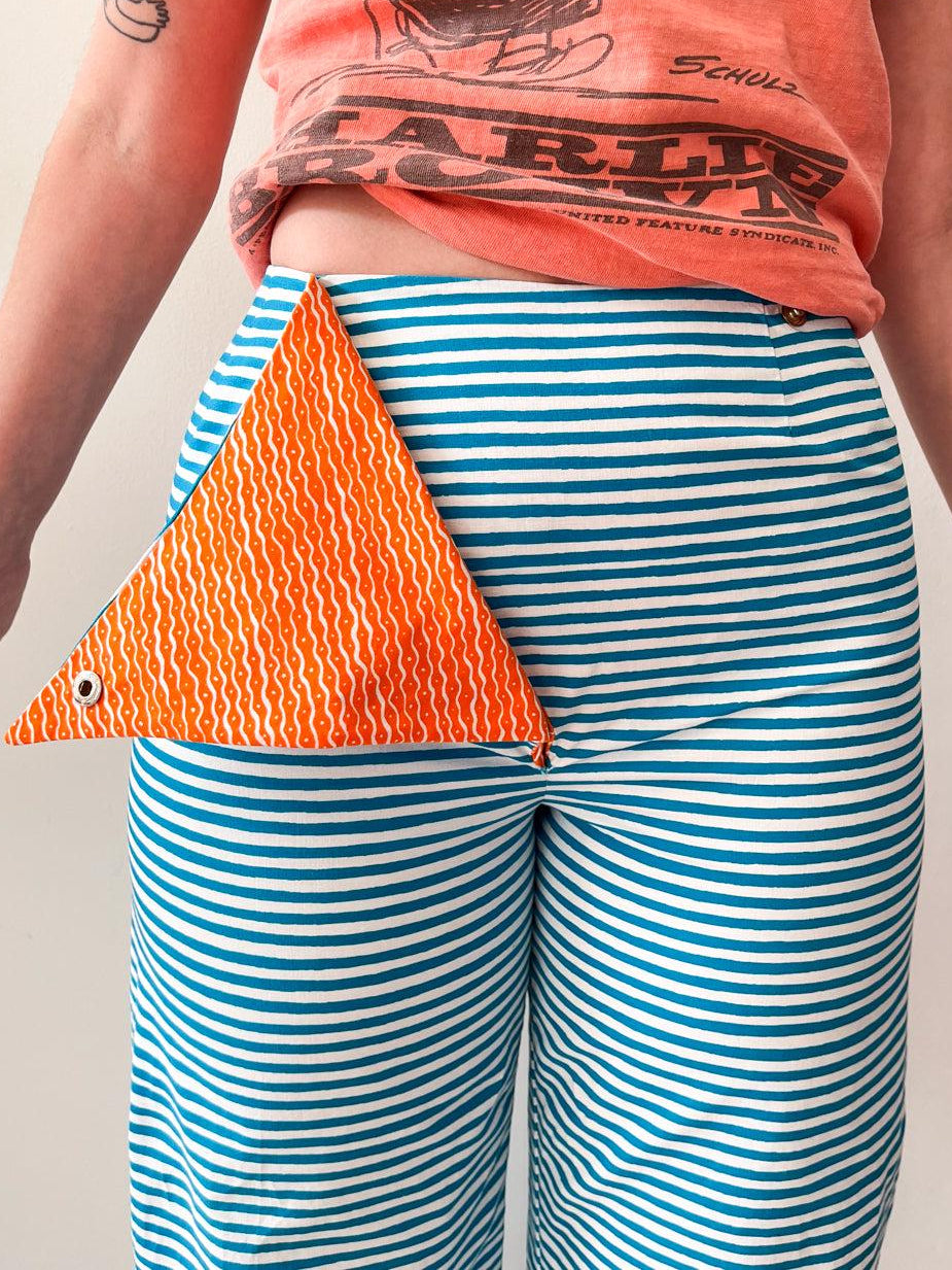 1960s Vintage Marimekko Suomi Finland Annika Rimala Tasarita Blue White Stripe Pants With Triangle Bib Closure