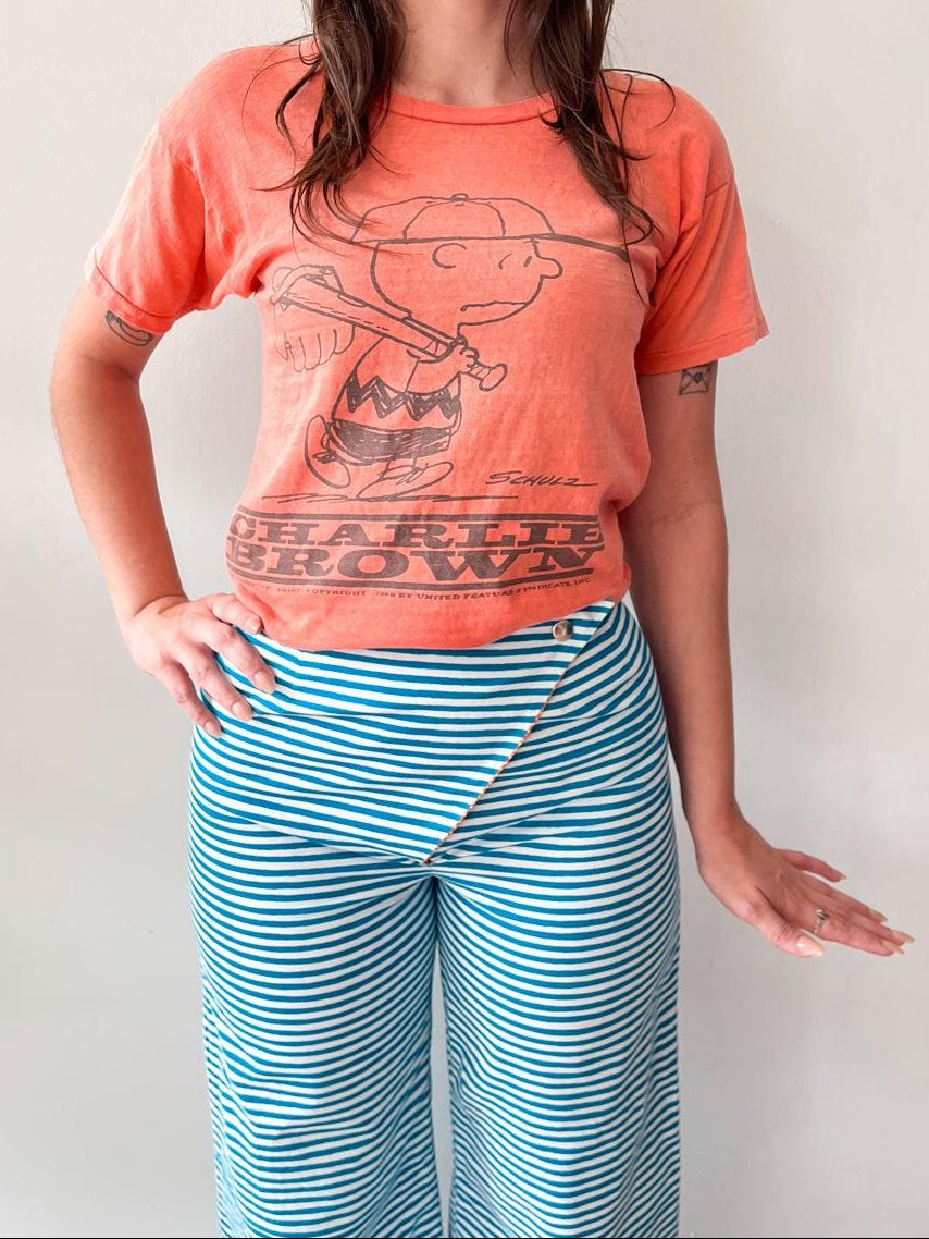 1960s Vintage Marimekko Suomi Finland Annika Rimala Tasarita Blue White Stripe Pants With Triangle Bib Closure