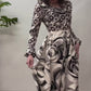 1970s Vintage Abstract Brown And White Patterned Ruffle Jumpsuit